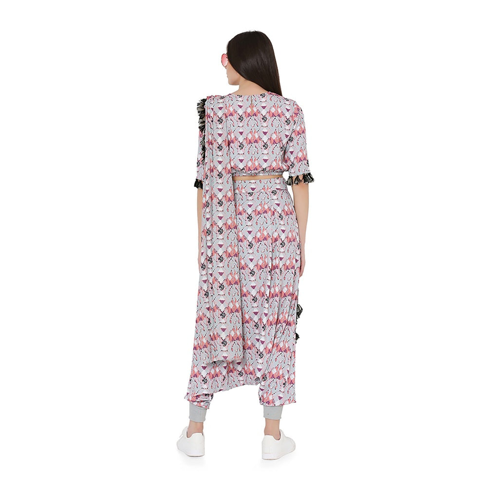 PS Pret by Payal Singhal Printed Top and Low Crotch Pant With Attached Drape Dupatta (Set of 3)