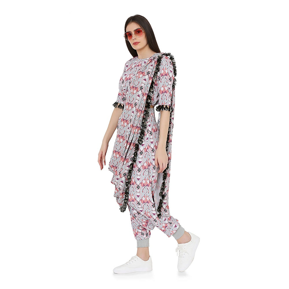 PS Pret by Payal Singhal Printed Top and Low Crotch Pant With Attached Drape Dupatta (Set of 3)