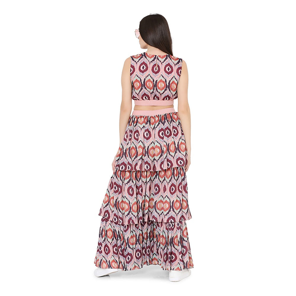 PS Pret by Payal Singhal Red Printed Art Silk Balloon Top With Layered Sharara Pant (Set of 2)