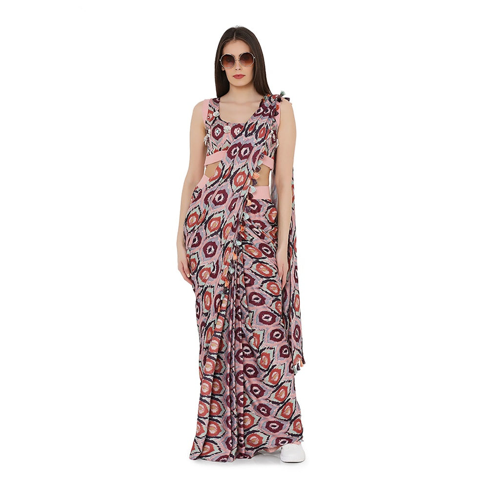 PS Pret by Payal Singhal Red Printed Art Silk Choli With Stitched Saree (Set of 2)