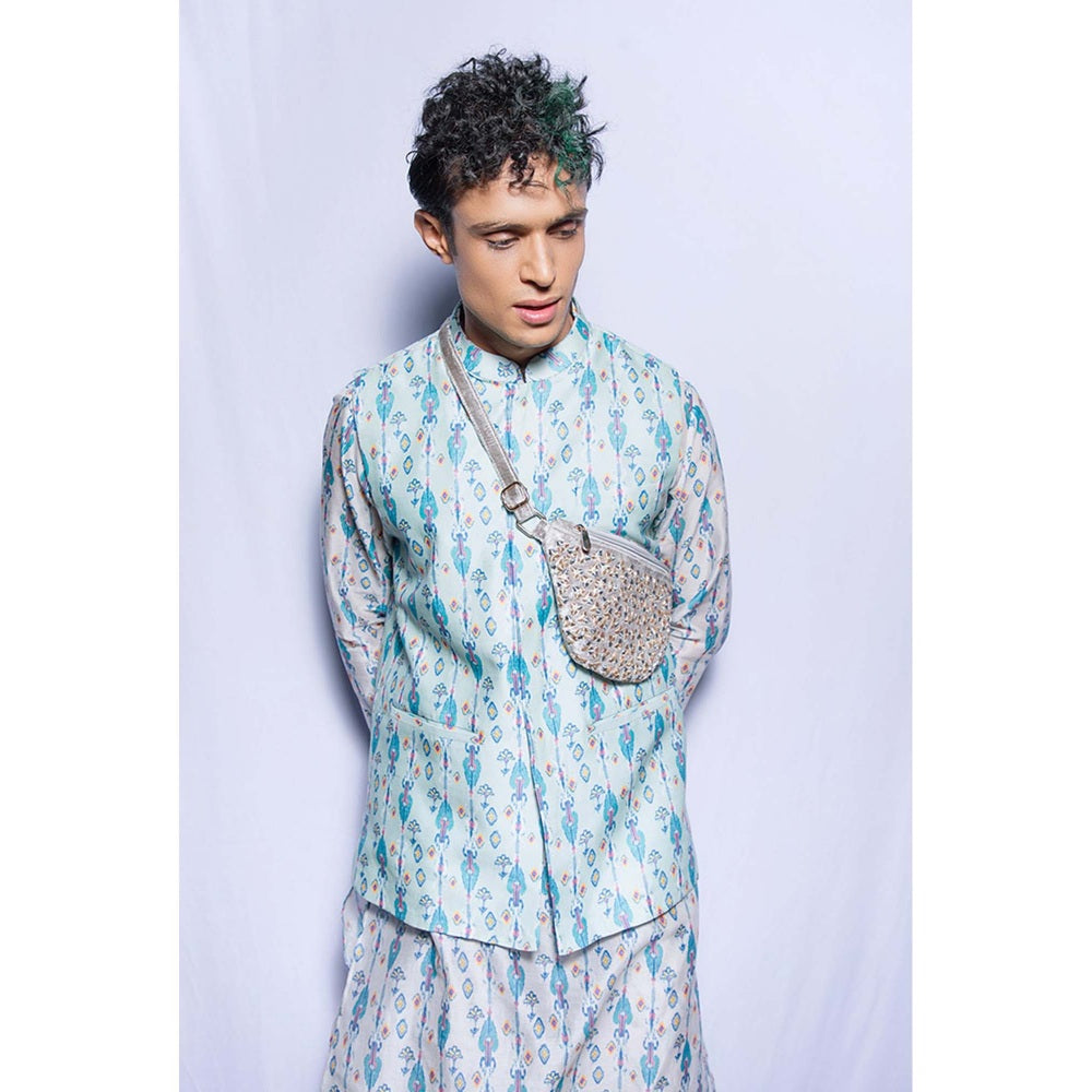 PS Men by Payal Singhal Zaffar Blue Bandi with White Kurta & Churidar-Set of 3
