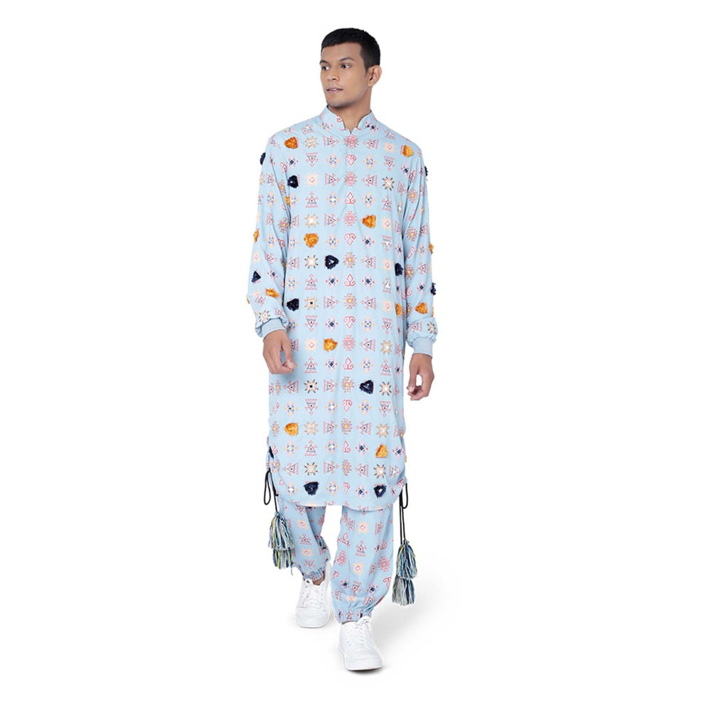 PS Men by Payal Singhal Blue Colour Printed Art Crepe Kurta with Jogger Pant - Set of 2
