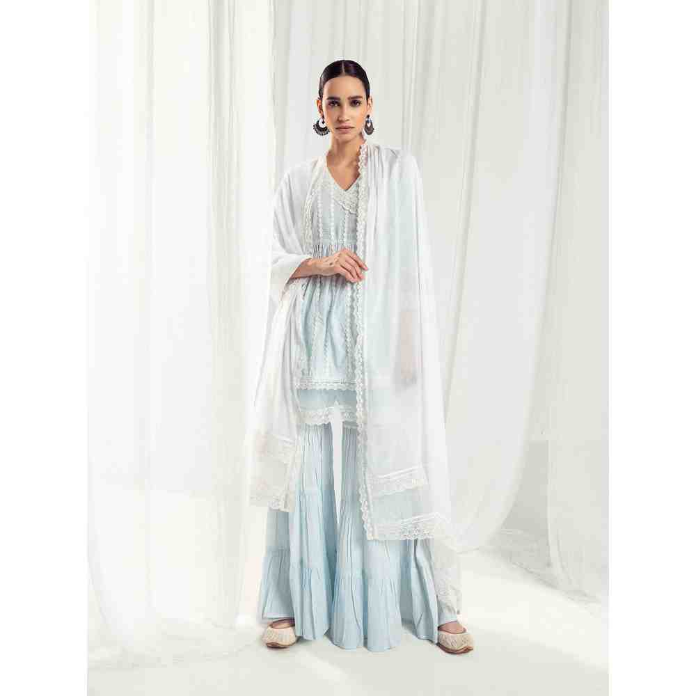 Roze Dahlia Blue Kurta Sharara with Dupatta (Set of 3)