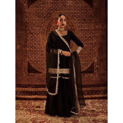 Roze Sultana Black Kurta with Sharara & Dupatta (Set of 3)
