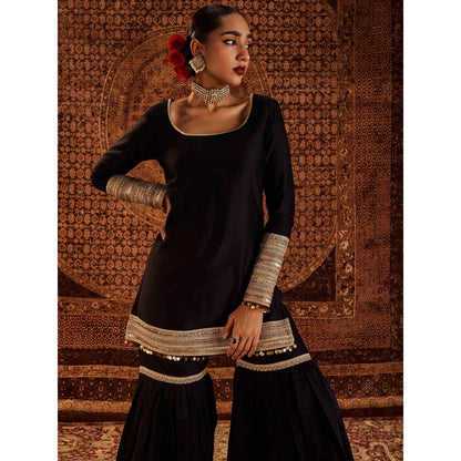 Roze Sultana Black Kurta with Sharara & Dupatta (Set of 3)