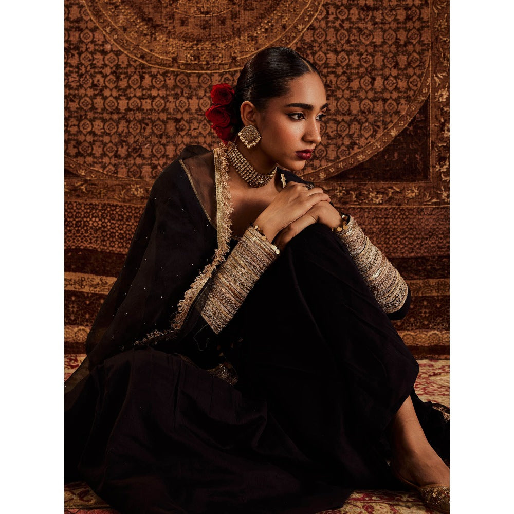 Roze Sultana Black Kurta with Sharara & Dupatta (Set of 3)