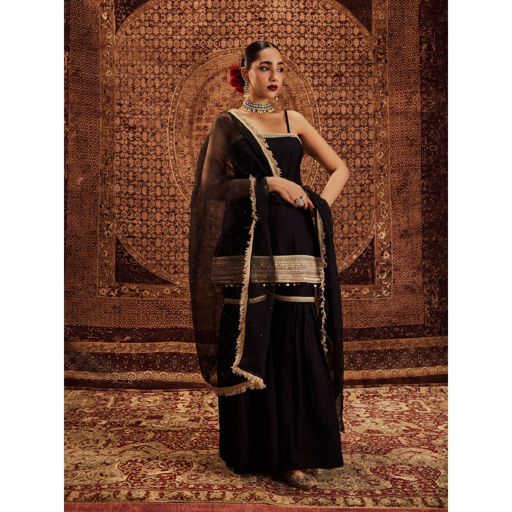 Roze Sultana Black Sleeveless Kurta with Sharara & Dupatta (Set of 3)