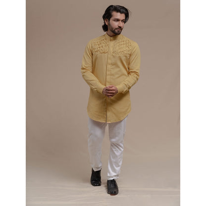 Runit Gupta Cream Smocking Short Kurta-Tuxedo Shirt (Set of 2)