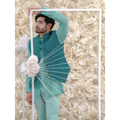 Runit Gupta Turquoise Handquilted Silk Half Jacket