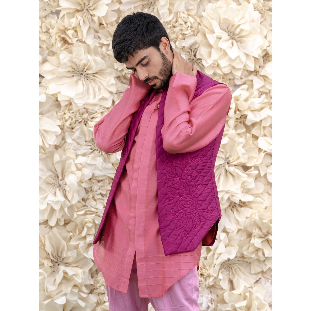 Runit Gupta Onion Pink Bundi-Kurta (Set of 3)