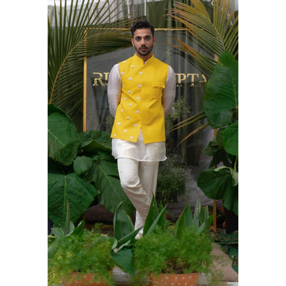 Runit Gupta Yellow Lotus Patch Pocket Embroidered Bundi