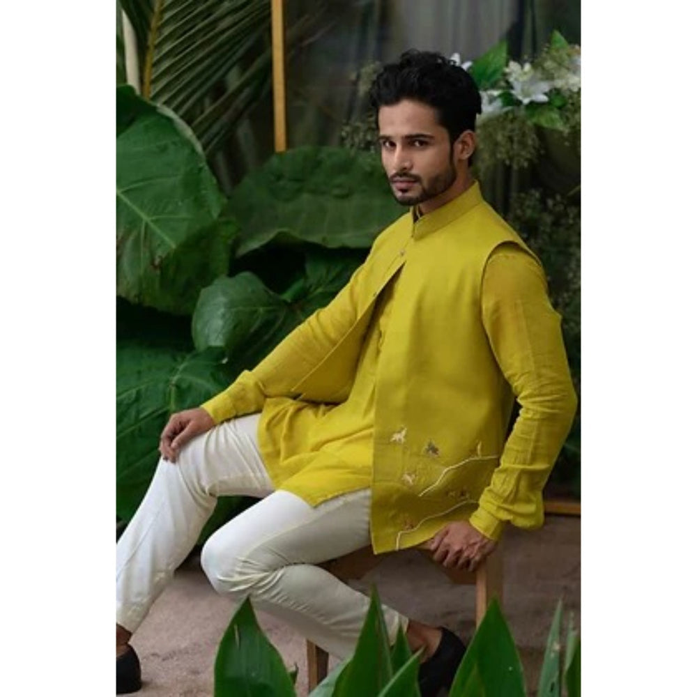 Runit Gupta Green Contour Elephant Embroidered Bundi