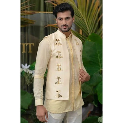 Runit Gupta Cream Palm-Elephant Embroidered Bundi
