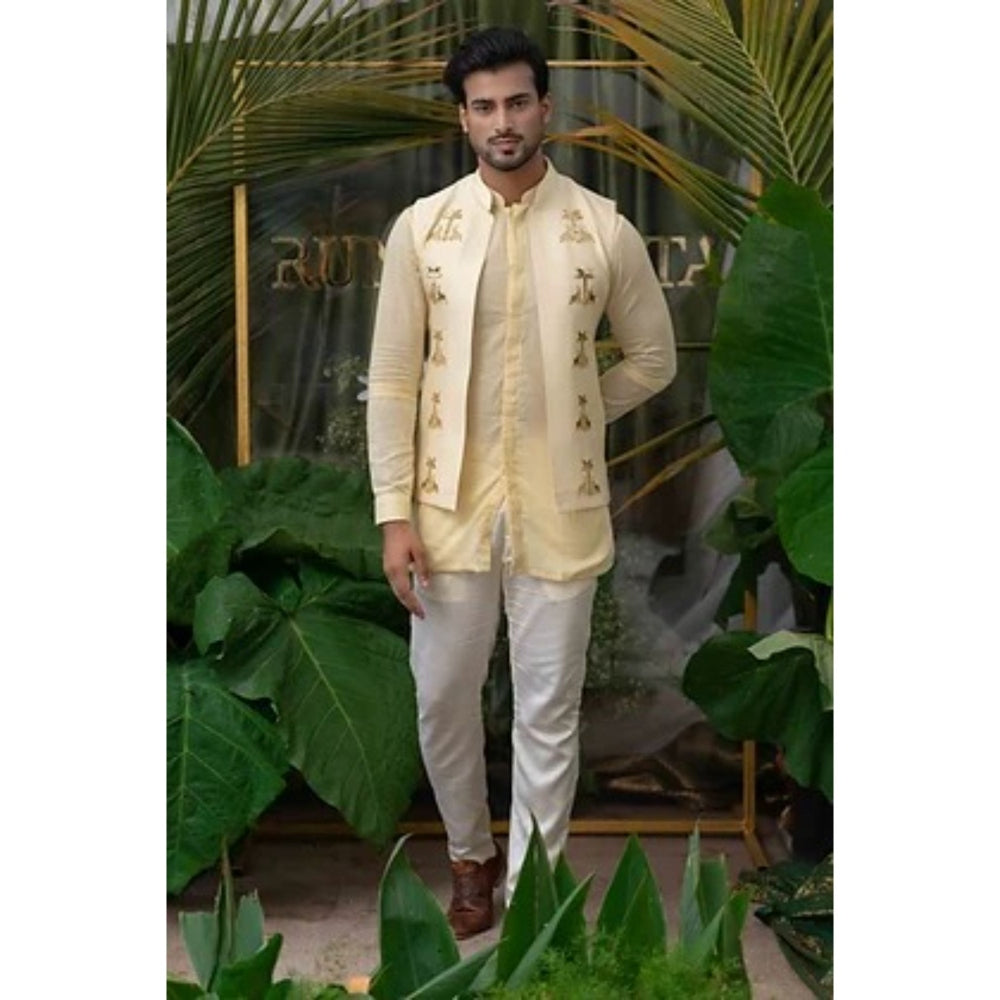 Runit Gupta Cream Palm-Elephant Embroidered Bundi
