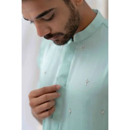 Runit Gupta Powder Blue Cutpipe Embroidered Kurta with Pyjama (Set of 2)