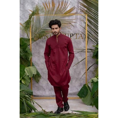Runit Gupta Cherry Maroon Quilted Kurta with Pyjama (Set of 2)
