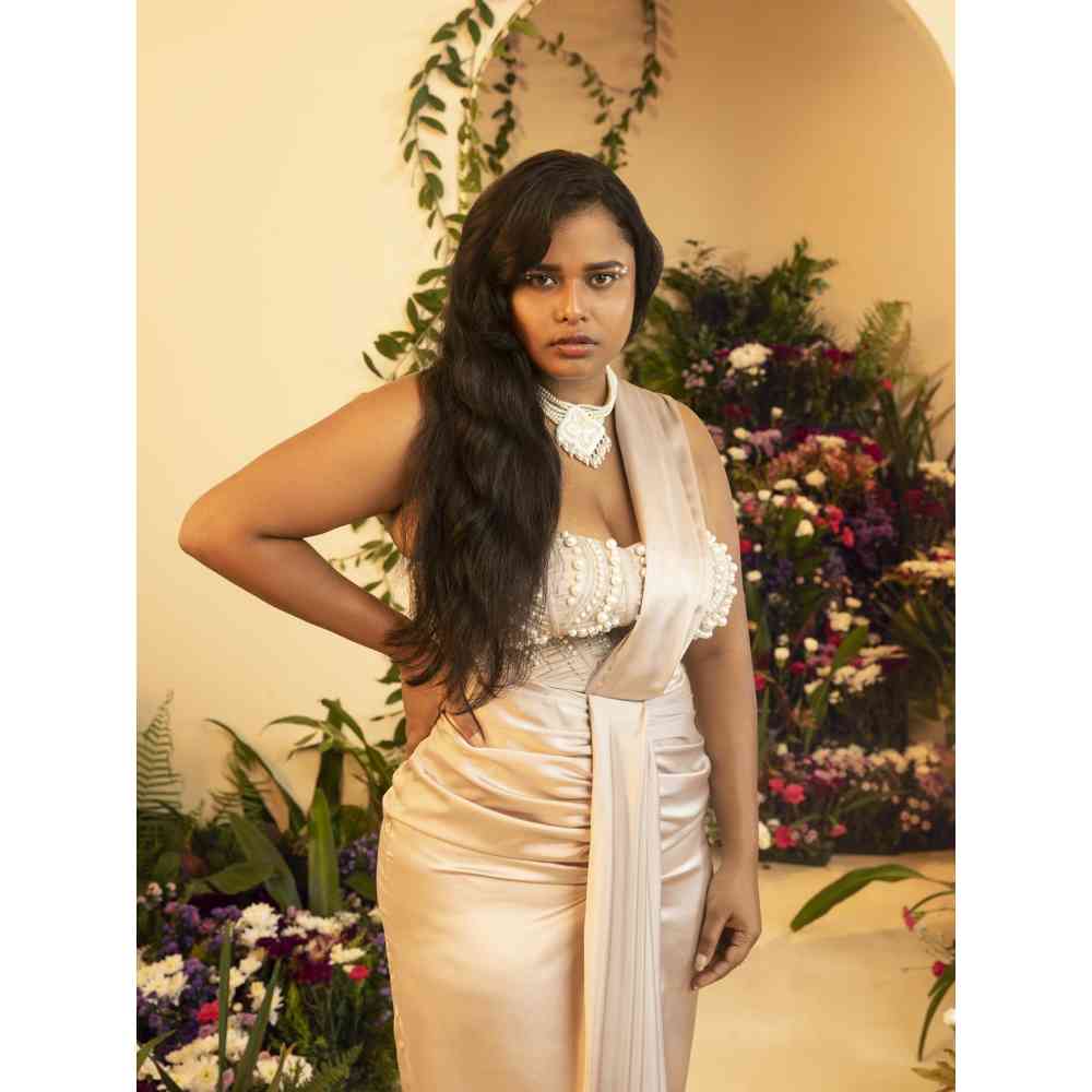Saanjh by Lea Leila Champagne Hand Embroidered Corset Without Sleeves