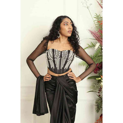 Saanjh by Lea Leila Black Hand Embroidered Corset With Mesh Sleeves
