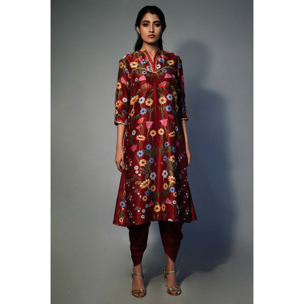 Saksham & Neharicka Maroon Printed Kurta In Chanderi (Set of 2)