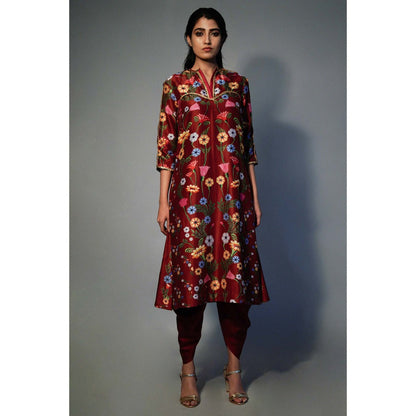 Saksham & Neharicka Maroon Printed Kurta In Chanderi (Set of 2)