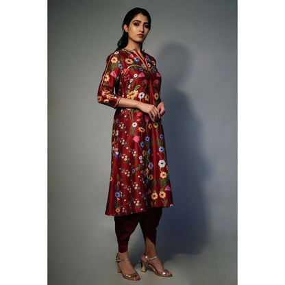 Saksham & Neharicka Maroon Printed Kurta In Chanderi (Set of 2)