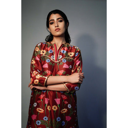 Saksham & Neharicka Maroon Printed Kurta In Chanderi (Set of 2)