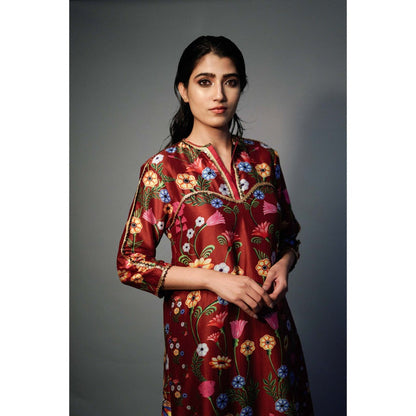 Saksham & Neharicka Maroon Printed Kurta In Chanderi (Set of 2)