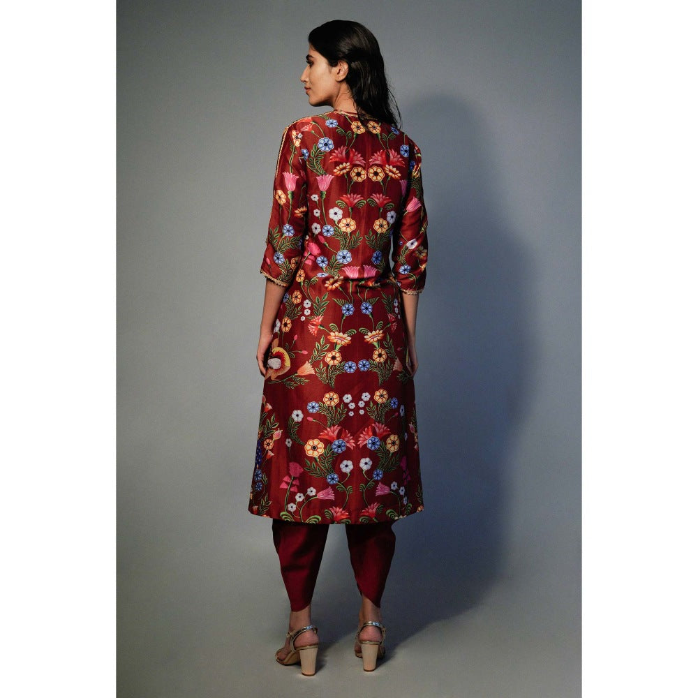 Saksham & Neharicka Maroon Printed Kurta In Chanderi
