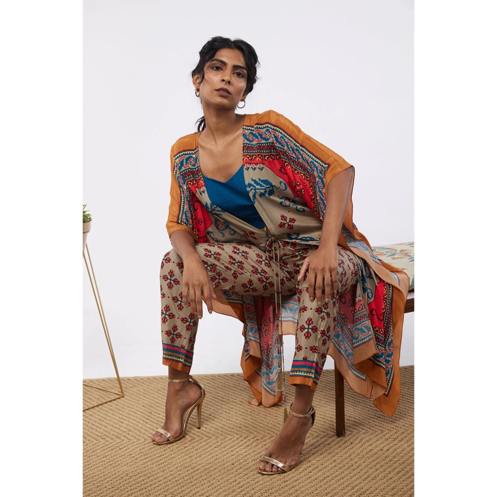 Soup by Sougat Paul Multi Elements Printed Crop Top Pant with Kaftan Style Jacket (Set of 3)