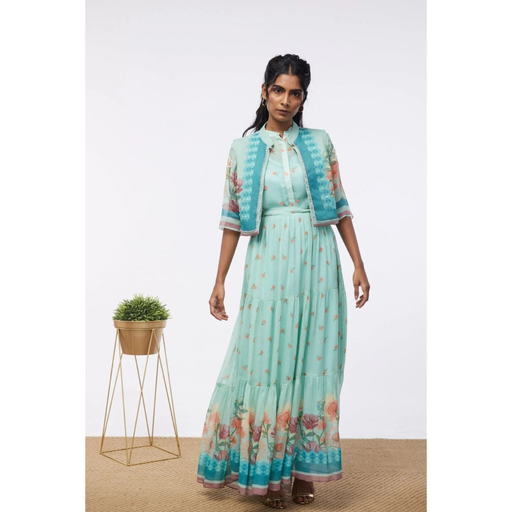 Soup by Sougat Paul Mint Blue Blooming Bud Floral Tiered Dress with Jacket (Set of 2)
