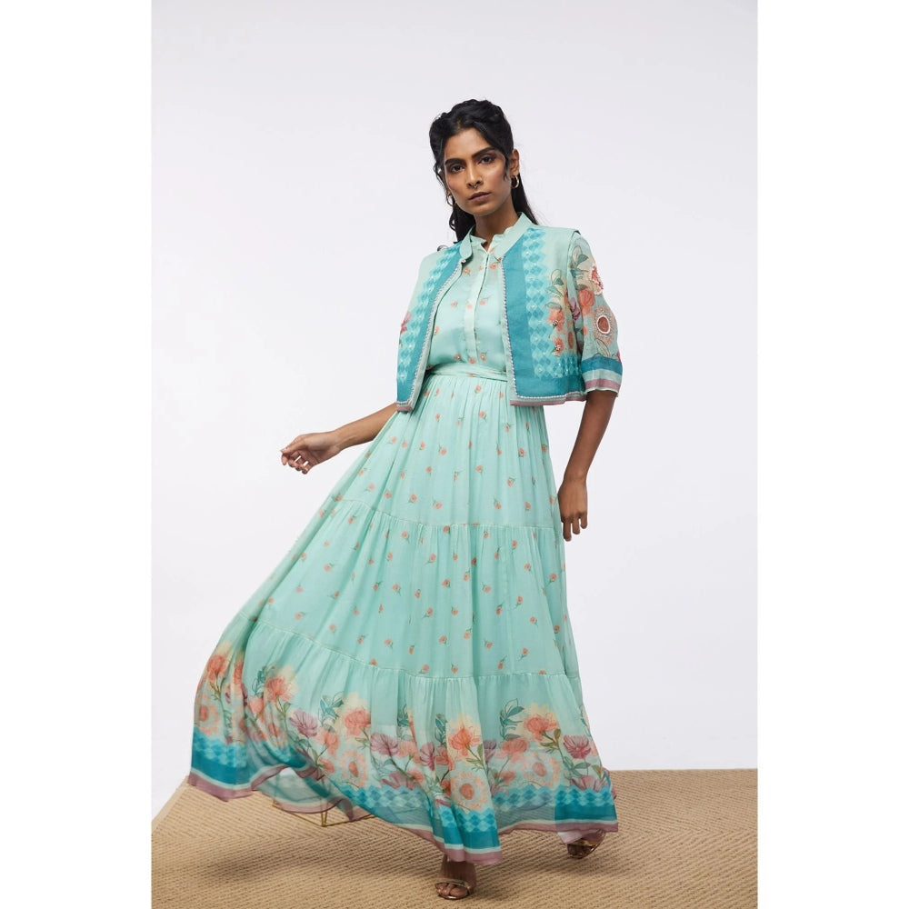 Soup by Sougat Paul Mint Blue Blooming Bud Floral Tiered Dress with Jacket (Set of 2)