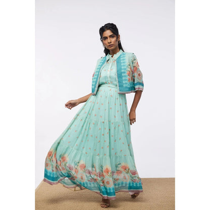 Soup by Sougat Paul Mint Blue Blooming Bud Floral Tiered Dress with Jacket (Set of 2)
