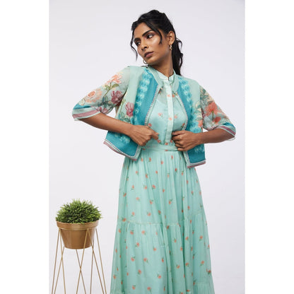 Soup by Sougat Paul Mint Blue Blooming Bud Floral Tiered Dress with Jacket (Set of 2)