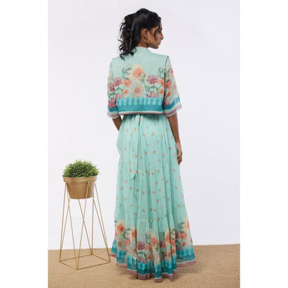 Soup by Sougat Paul Mint Blue Blooming Bud Floral Tiered Dress with Jacket (Set of 2)