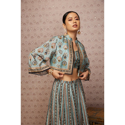 Soup by Sougat Paul Blue & Multi Sarouk Floral Lehenga with Crop Top and Jacket (Set of 3)