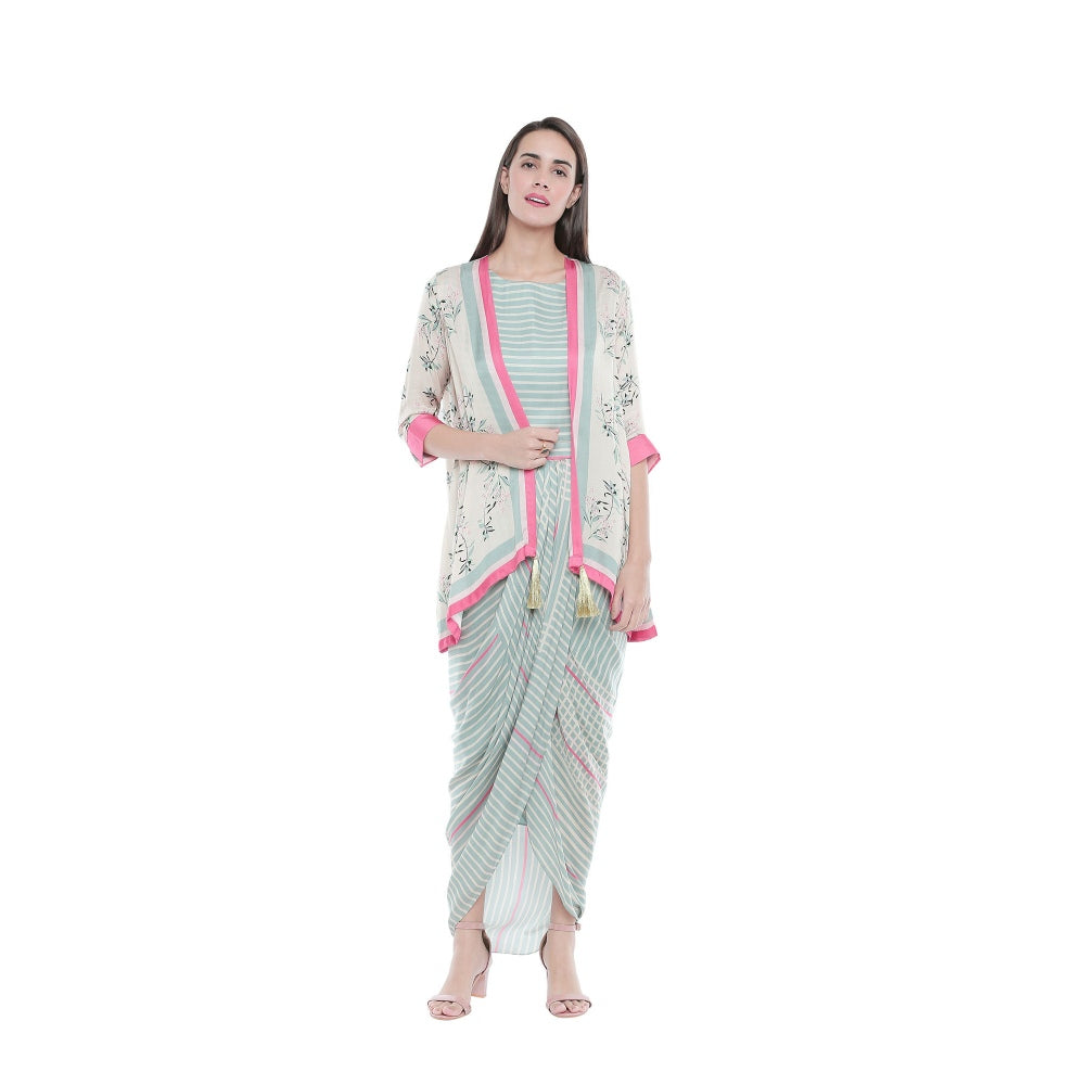 Soup by Sougat Paul Striped Drape Dress With Floral Jacket - Customisable (Set of 2)