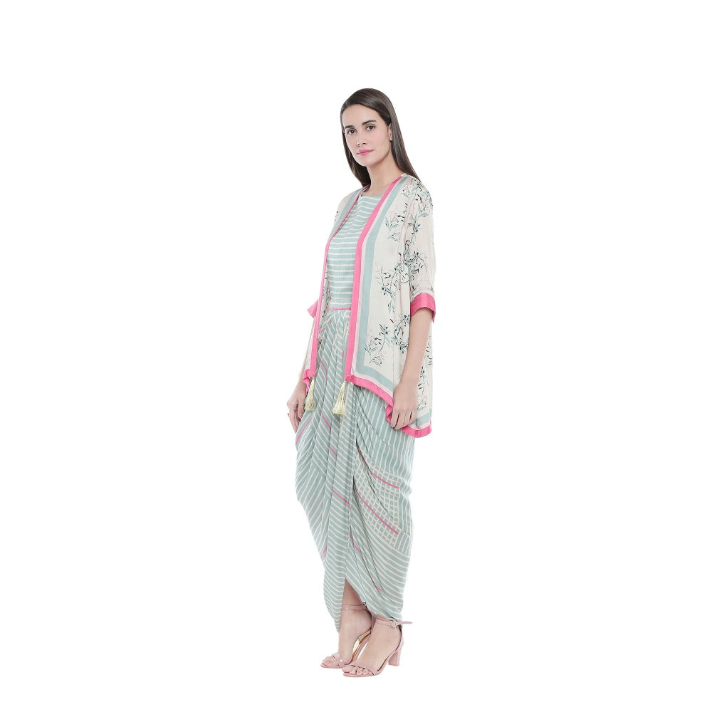 Soup by Sougat Paul Striped Drape Dress With Floral Jacket - Customisable (Set of 2)