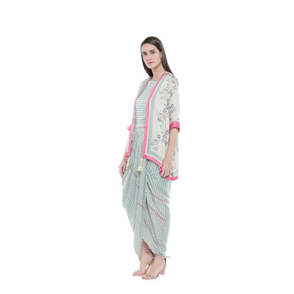 Soup by Sougat Paul Striped Drape Dress With Floral Jacket - Customisable (Set of 2)
