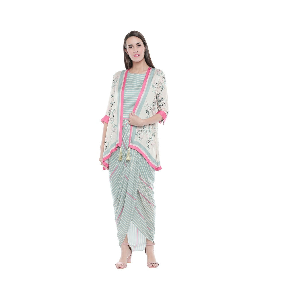 Soup by Sougat Paul Striped Drape Dress With Floral Jacket - Customisable (Set of 2)