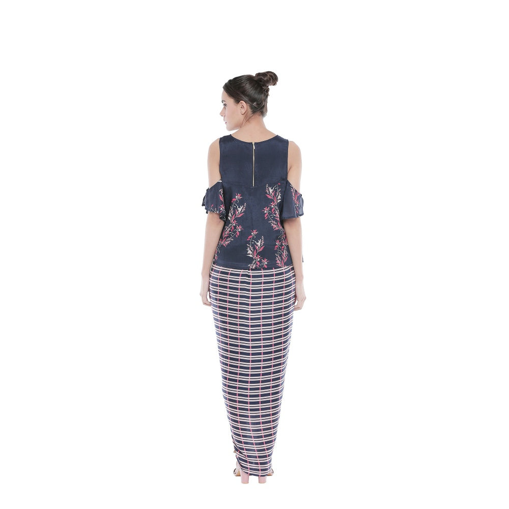 Soup by Sougat Paul Draped Checks Skirt & Printed Cold Shoulder Top-Customisable (Set of 2)