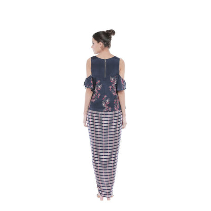 Soup by Sougat Paul Draped Checks Skirt & Printed Cold Shoulder Top-Customisable (Set of 2)