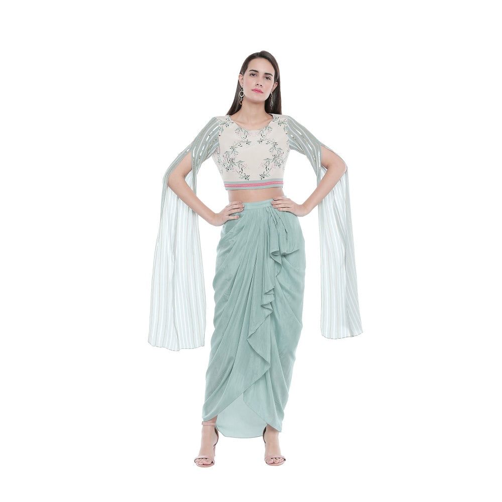 Soup by Sougat Paul Draped Solid Color Skirt And Floral Printed Top - Customisable (Set of 2)