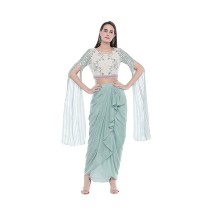 Soup by Sougat Paul Draped Solid Color Skirt And Floral Printed Top - Customisable (Set of 2)