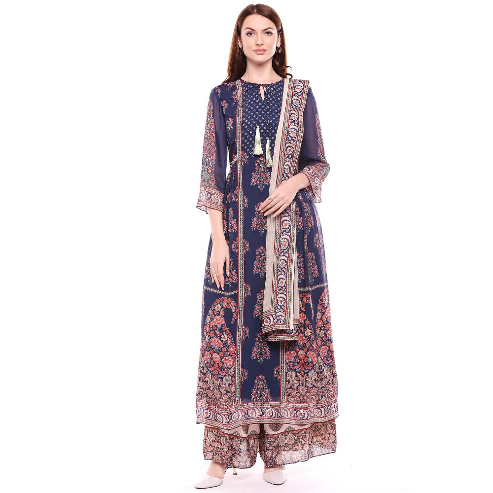 Soup by Sougat Paul Navy Blue Kurta With Palazzo & Dupatta - Customisable (Set of 3)