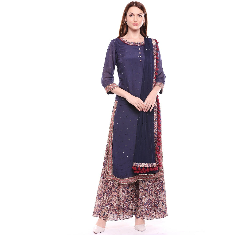 Soup by Sougat Paul Navy Blue Kurta With Pant & Dupatta - Customisable (Set of 3)