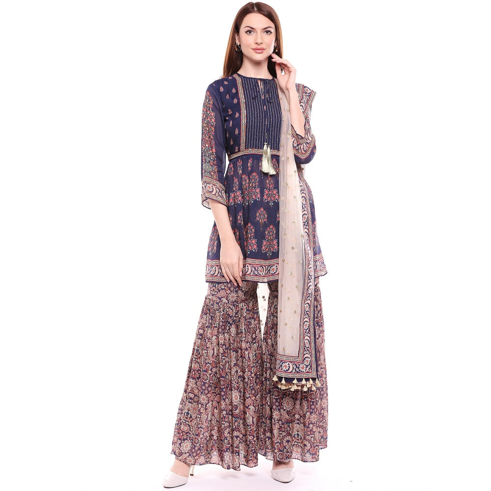 Soup by Sougat Paul Navy Blue Kurta With Sharara Pant & Dupatta - Customisable (Set of 3)