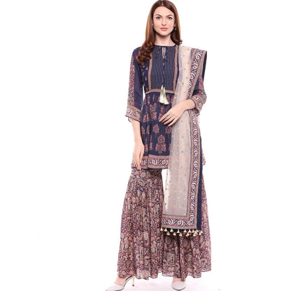 Soup by Sougat Paul Navy Blue Kurta With Sharara Pant & Dupatta - Customisable (Set of 3)