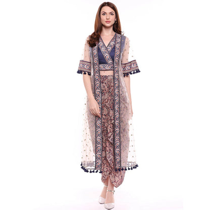 Soup by Sougat Paul Multi-Color Crop Top With Drape Skirt & Jacket (Set of 3)