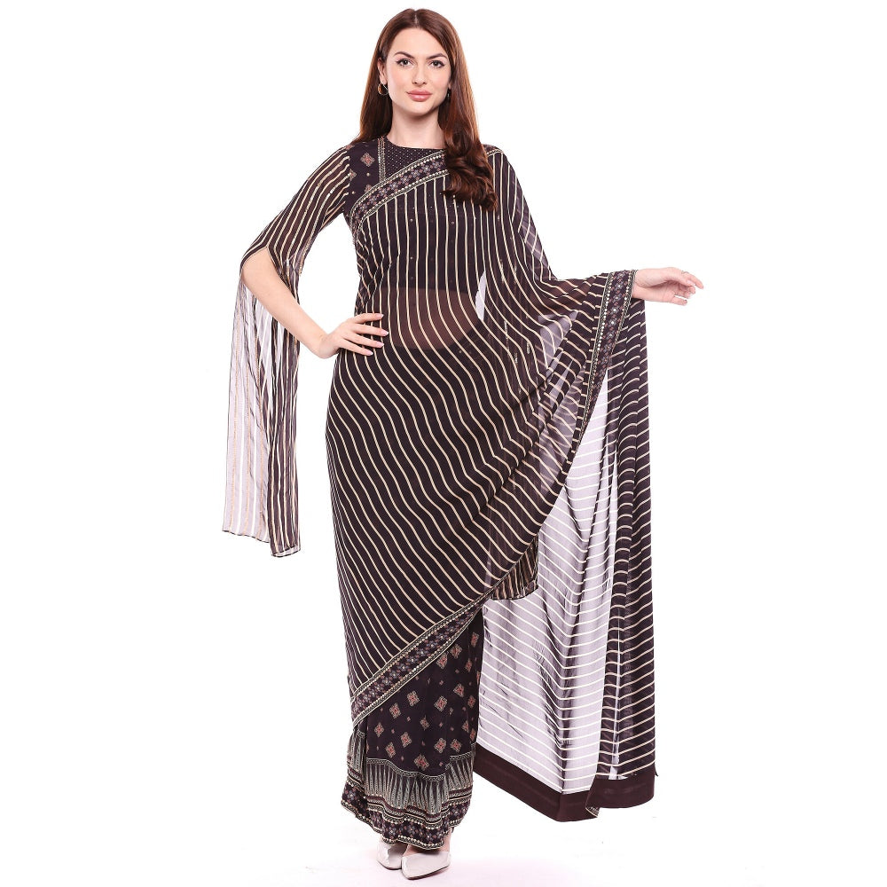 Soup by Sougat Paul Brown Stitched Blouse With Saree - Customisable (Set of 2)
