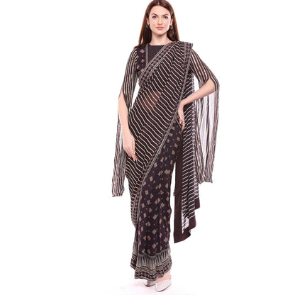 Soup by Sougat Paul Brown Stitched Blouse With Saree - Customisable (Set of 2)